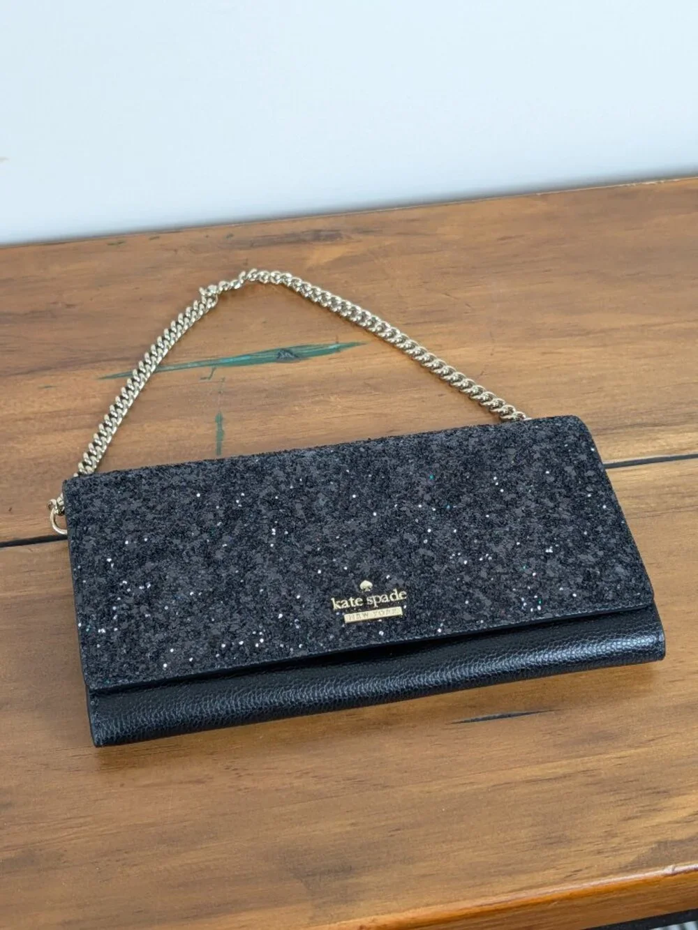 Kate Spade New York Glitter Clutch Black Leather Chain Wallet Purse Mirror